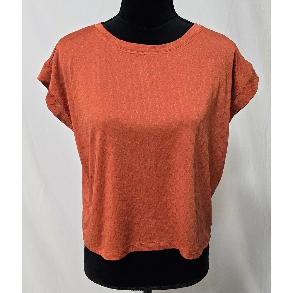 alo women M short sleeve textured boxy shirt orange athletic yoga sport